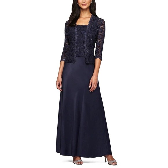 ALEX EVENINGS Womens Size 12 Lace And Satin Gown With Lace Jacket Blue NWT - Picture 1 of 13